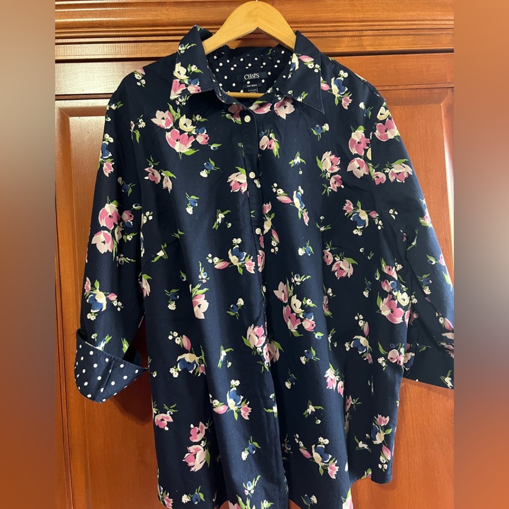 Chaps Navy Blue Print Flower Blouse 3/4 Sleeve Length Size 3X